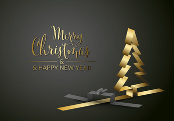 Wall Mural - merry christmas card with a golden tree and gift box made from paper stripes