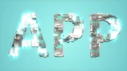 Poster - bright electrical light shining blue cybernetic text APP - loop video