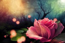 Pink Rose Flower And Fireflies In Fantasy Magical Garden In Enchanted Fairy Tale Elf Forest, Fairytale Glade On Mysterious Midnight Blue Background, Elven Magic Woods In Night Darkness With Moon Ray