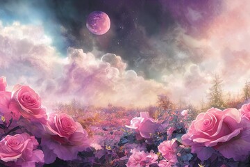 fantasy dreamy background of magical morning or evening sky with fabulous romantic tender pink rose 