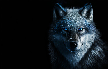 magic frost wolf with blue eyes in the dark on black background. fairy wolf portrait. frost wolf gen