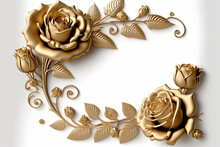 Illustration Of A Golden Frame Of Roses On A White Background With Copy Space For Creative Designs