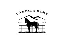 Horse Silhouette Behind Wooden Fence Paddock For Vintage Retro Rustic Countryside Western Country Farm Ranch Logo Design