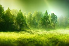 Green Forest Landscape With Trees And Sun Light Going Through Leaves