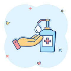 Hand sanitizer icon in comic style. Antiseptic bottle cartoon vector illustration on isolated background. Disinfect gel splash effect sign business concept.