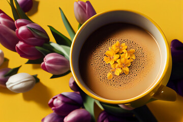 A cup of hot morning coffee and a bouquet of yellow-lilac tulips on a bright yellow background. view from above. close-up. Abstract illustration for the day of March 8.