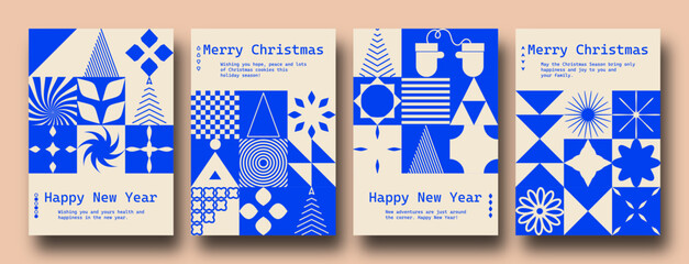 Wall Mural - Geometric minimalist Christmas posters. Modern bauhaus brutalist bold shapes, primitive blocks swiss style. Trendy Winter Holidays art templates.	