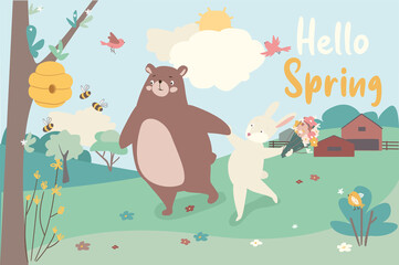 Wall Mural - Hello spring concept background. Cute animals greeting springtime. Bunnies hold Easter eggs, birds sit near nest on tree branches, lambs ride on swing. Illustration in flat cartoon design