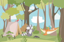 Camping With Friends Concept Background. Cute Animals Rest With Tent. Raccoon Collects Firewood And Makes Campfire. Squirrel Reading Book Lying In Hammock. Illustration In Flat Cartoon Design