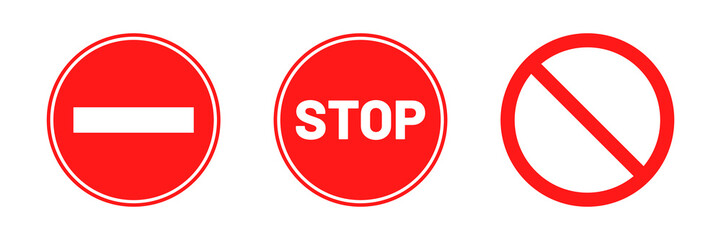 Wall Mural - Stop signs collection. Red stop signs in round shape. Traffic warning and prohibiting icons with hand, text and exclamation mark. Vector