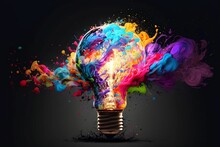 Lightbulb Eureka Moment With Impactful And Inspiring Artistic Colourful Explosion Of Paint Energy
