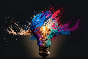 Wall Mural - Lightbulb eureka moment with Impactful and inspiring artistic colourful explosion of paint energy