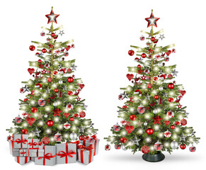 Wall Mural - set collection of a natural nordmann christmas tree, decorated with silver red wooden baubles stars hearts and led lights. Stack of christmas gift presents under it isolated on white background.