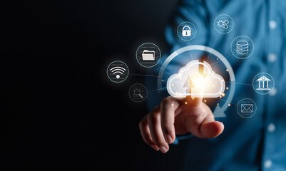 Poster - Businessman touching cloud computing to download and loading data information and upload on system network application. Technology transformation concept