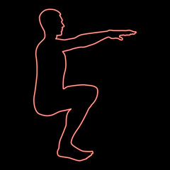 Neon crouching man doing exercises crouches squat sport action male workout silhouette side view icon red color vector illustration image flat style