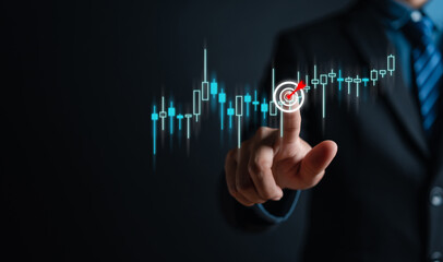 Wall Mural - Business target planning and strategy, Stock market, Business growth, progress or success concept. Businessman or trader is showing a growing virtual hologram stock, invest in trading