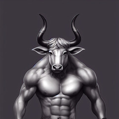 Wall Mural - Portrait of a muscular minotaur. Anthropomorphic bull man. Digital grayscale illustration.