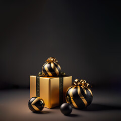 Luxury concept of black and yellow gold gifts and Christmas decorations on a dark background. The gift-giving season begun, there are big discounts, so surprise someone. Elegant New Year's concept.