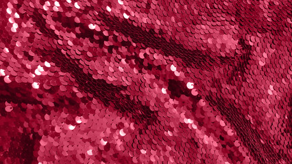 Viva Magenta diagonal glitter sparkles textile. Abstract shiny pattern. Copy space. Banner. Trending color of 2023 - Viva Magenta.