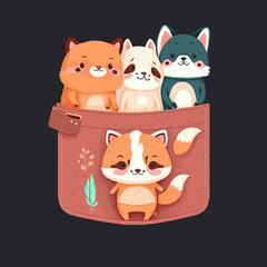 Canvas Print - Cute little kittens and other animals in a fabric pocket, bag Vector illustration