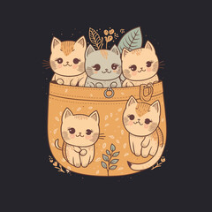 Wall Mural - Cartoon little cats sitting in a fabric pocket Vector illustration