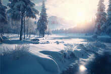 Snowy Winter Landscape On Frozen Water, River Or Sea 3D Illustration Background, Under The Dark Sky. Mountains, White Soft Snow And Evergreen Forest. Generative AI