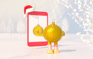 Aufkleber - Christmas ball avatars join in virtual Winter Christmas forest party event. Metaverse virtual event concept. 3d rendering.