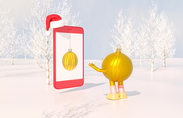 Aufkleber - Christmas ball avatars join in virtual Winter Christmas forest party event. Metaverse virtual event concept. 3d rendering.