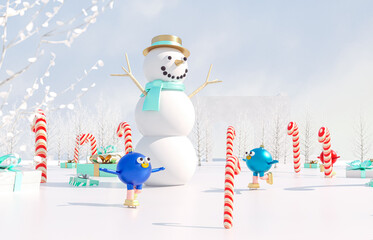 Poster - Christmas ball avatars join in virtual Winter Christmas forest party event. Metaverse virtual event concept. 3d rendering.