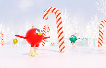 Poster - Christmas ball avatars join in virtual Winter Christmas forest party event. Metaverse virtual event concept. 3d rendering.