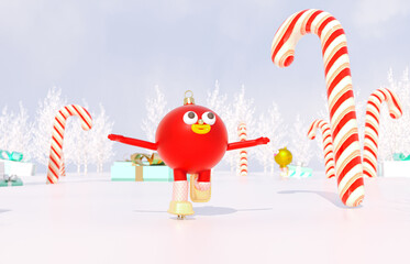 Poster - Christmas ball avatars join in virtual Winter Christmas forest party event. Metaverse virtual event concept. 3d rendering.