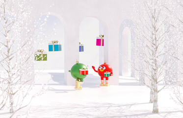 Poster - Christmas ball avatars join in virtual Winter Christmas forest party event. Metaverse virtual event concept. 3d rendering.