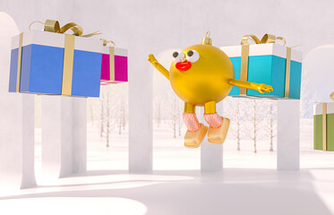 Poster - Christmas ball avatars join in virtual Winter Christmas forest party event. Metaverse virtual event concept. 3d rendering.