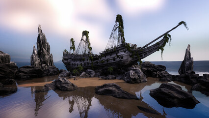 Poster - Old pirate ship wreck stranded on rocks and sandy beach, covered in seaweed and rotting wood. 3D rendering.