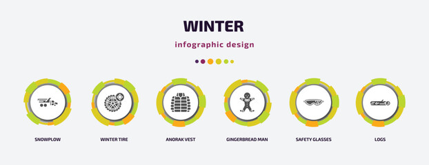 Poster - winter infographic element with filled icons and 6 step or option. winter icons such as snowplow, winter tire, anorak vest, gingerbread man, safety glasses, logs vector. can be used for banner, info