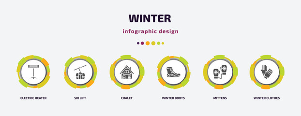 Poster - winter infographic element with filled icons and 6 step or option. winter icons such as electric heater, ski lift, chalet, winter boots, mittens, clothes vector. can be used for banner, info graph,