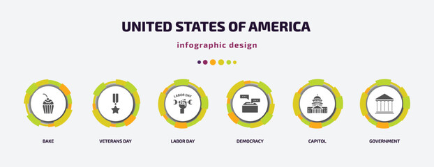 Poster - united states of america infographic element with filled icons and 6 step or option. united states of america icons such as bake, veterans day, labor day, democracy, capitol, government vector. can