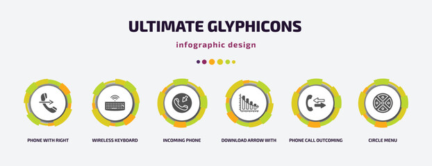 Poster - ultimate glyphicons infographic element with filled icons and 6 step or option. ultimate glyphicons icons such as phone with right arrow, wireless keyboard, incoming phone, download arrow with bar,