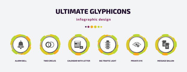 Poster - ultimate glyphicons infographic element with filled icons and 6 step or option. ultimate glyphicons icons such as alarm bell, two circles, calendar with letter x, big traffic light, private eye,