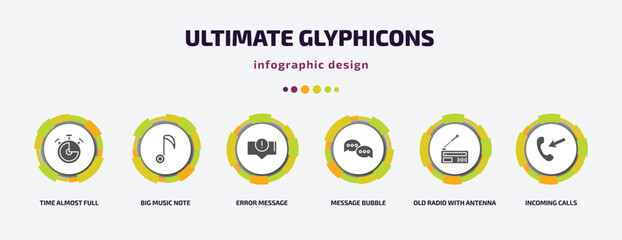 Poster - ultimate glyphicons infographic element with filled icons and 6 step or option. ultimate glyphicons icons such as time almost full, big music note, error message, message bubble, old radio with