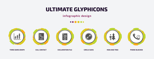 Poster - ultimate glyphicons infographic element with filled icons and 6 step or option. ultimate glyphicons icons such as three bars graph, call contact, exclamation file, circle sizes, man and tree, phone
