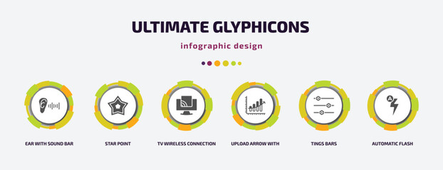 Poster - ultimate glyphicons infographic element with filled icons and 6 step or option. ultimate glyphicons icons such as ear with sound bar, star point, tv wireless connection, upload arrow with bar, tings