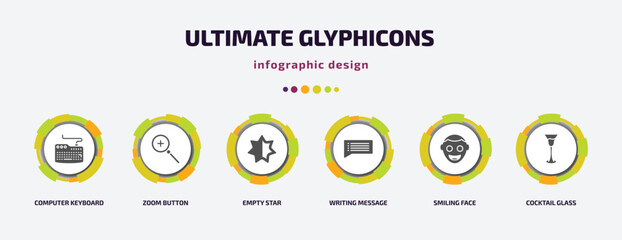 Poster - ultimate glyphicons infographic element with filled icons and 6 step or option. ultimate glyphicons icons such as computer keyboard, zoom button, empty star, writing message, smiling face, cocktail