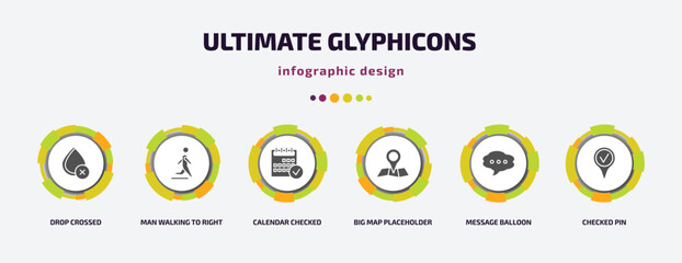 Poster - ultimate glyphicons infographic element with filled icons and 6 step or option. ultimate glyphicons icons such as drop crossed, man walking to right, calendar checked, big map placeholder, message