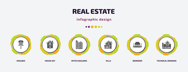 Poster - real estate infographic element with filled icons and 6 step or option. real estate icons such as ma
