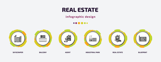 Poster - real estate infographic element with filled icons and 6 step or option. real estate icons such as skyscraper, balcony, agent, industrial park, real estate, blueprint vector. can be used for banner,