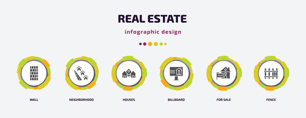 Poster - real estate infographic element with filled icons and 6 step or option. real estate icons such as wall, neighborhood, houses, billboard, for sale, fence vector. can be used for banner, info graph,