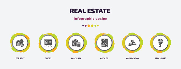 Aufkleber - real estate infographic element with filled icons and 6 step or option. real estate icons such as fo