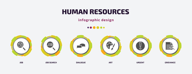 Poster - human resources infographic element with filled icons and 6 step or option. human resources icons such as job, job search, dialogue, art, urgent, grievance vector. can be used for banner, info
