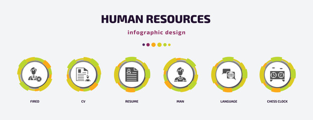 Poster - human resources infographic element with filled icons and 6 step or option. human resources icons such as fired, cv, resume, man, language, chess clock vector. can be used for banner, info graph,